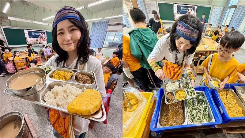日本大胃王女星 Angela 佐藤（佐藤綾里）體驗台灣國小營養午餐。（圖／翻攝自Angela 佐藤臉書）
