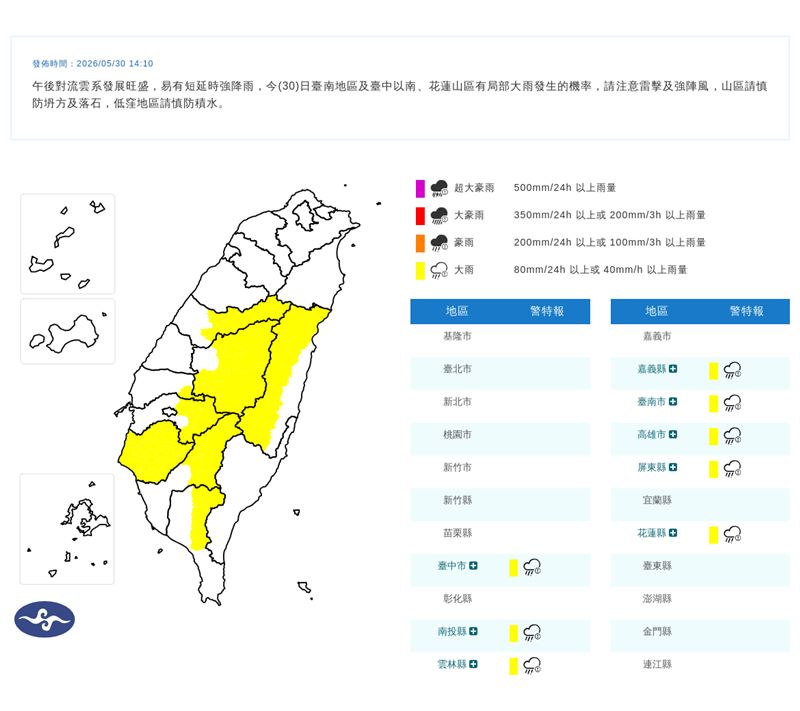 氣象署針對8縣市發布大雨特報。(圖/氣象署)
