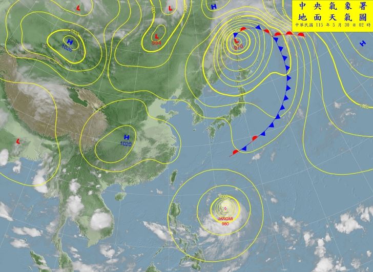 鄭明典表示，由於颱風在菲律賓附近，導致台灣附近的梅雨鋒面結構上產生變化。（圖／翻攝自中央氣象署）