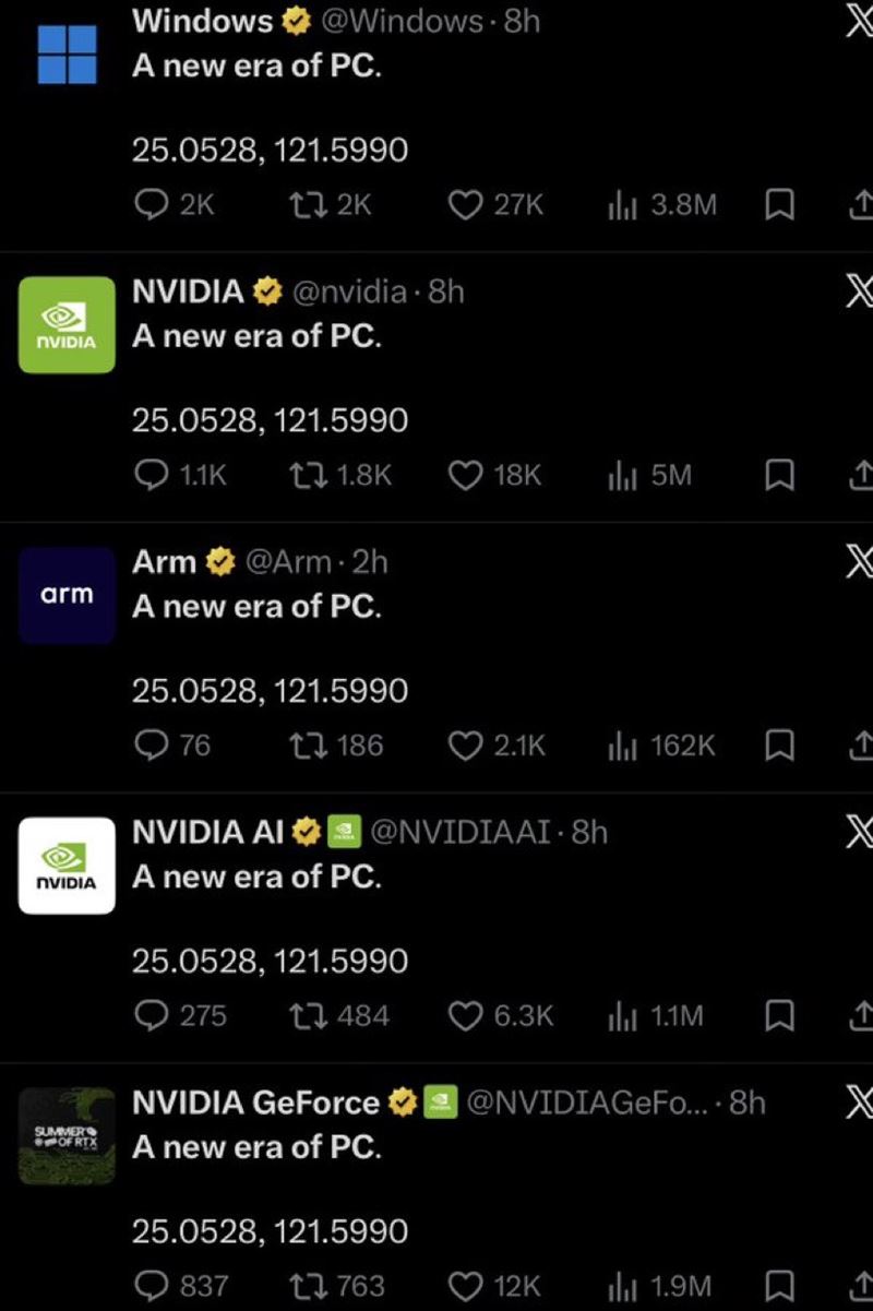 輝達、微軟、Arm,甚至包括ASUS、微星等企業巨頭,將箭頭指向台北。(圖/翻攝自X平台@nvidia帳號))