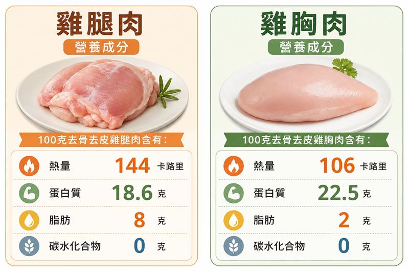 營養師強調，雞胸肉和雞腿肉都是優質蛋白質的來源，差在脂肪含量不同。（圖／AI製圖）