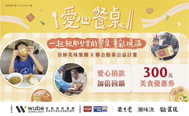 吾蜂美味集團邀全民捐款讓弱勢朋友也能好好吃一頓飯，捐款100即可兌換300元優惠券。（圖／品牌業者提供）