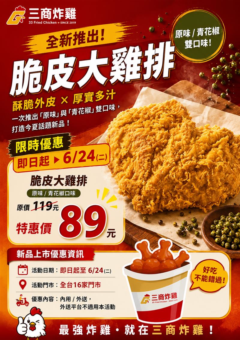 三商炸雞新品「脆皮大雞排」原味、青花椒口味限時優惠開跑。(圖/品牌業者提供)