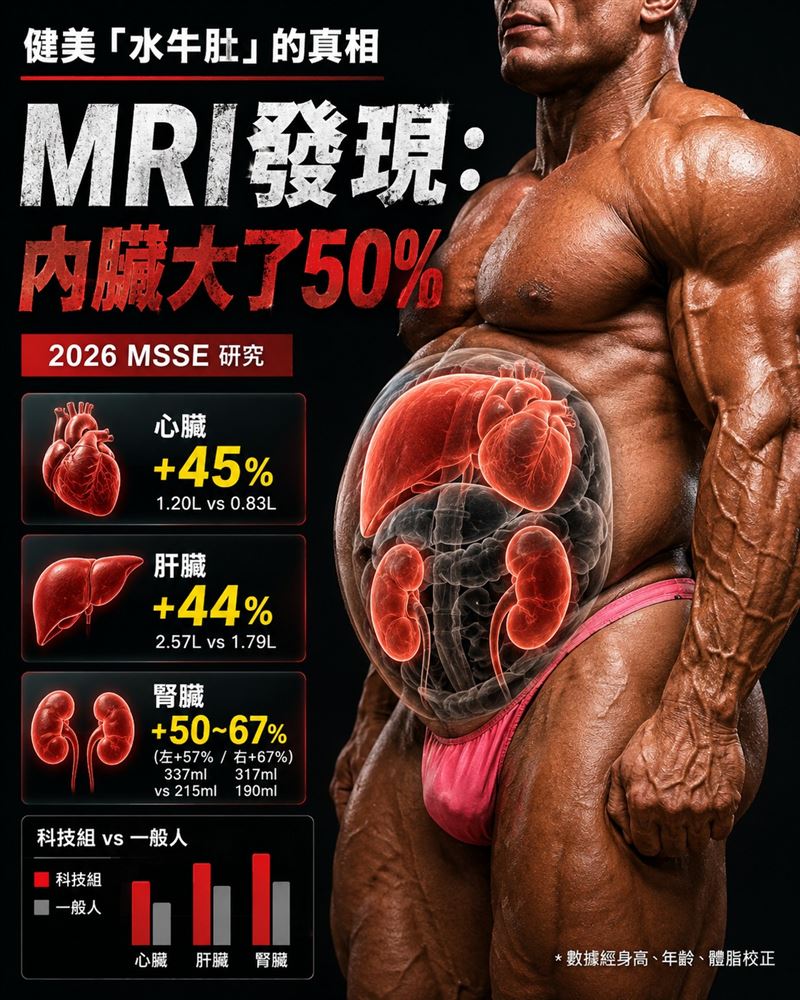 醫師王思恒表示,許多透過黑科技的健身者,經過MRI檢測發現,肝腎通通變大50%。(圖/取自「一分鐘健身教室」)