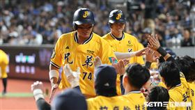 中職37年例行賽，中信兄弟右外野手張仁瑋敲出三壘安打，送回許基宏、王威晨。（圖／記者劉彥池攝影）