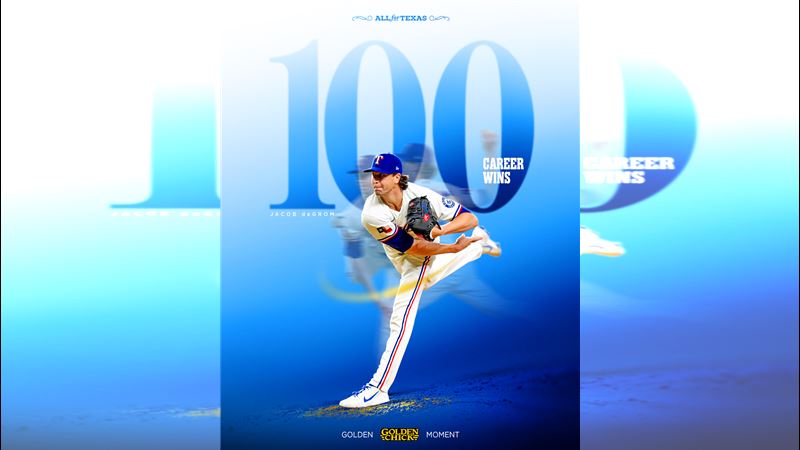 狄格隆(Jacob deGrom)先發5局無失分,拿下生涯第100勝。(圖/翻攝自遊騎兵推特)