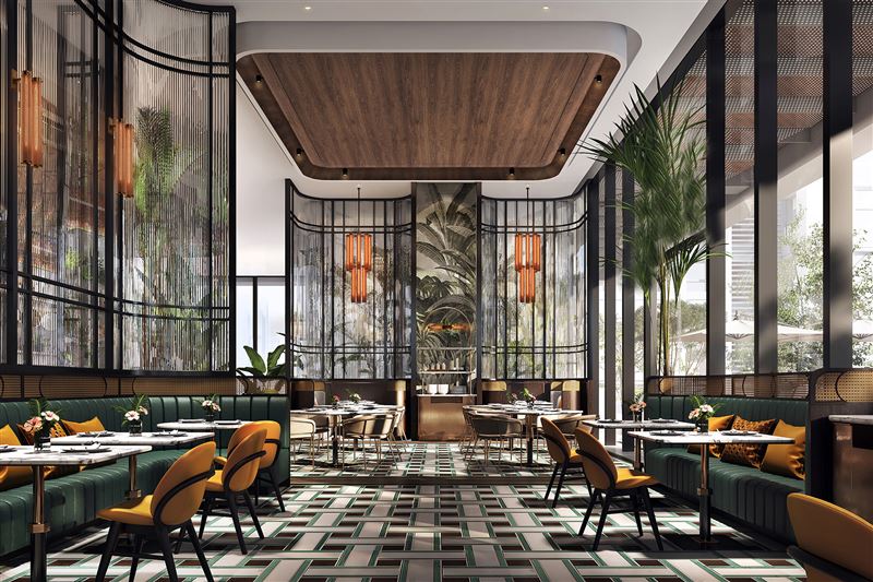 全日餐廳「花漾 BELLE ÉPOQUE BRASSERIE」以亞熱帶花園為靈感，環球美饌匯聚多元風味與層次，呈現豐盛饗宴。（圖／台北板橋馥華艾美酒店提供）