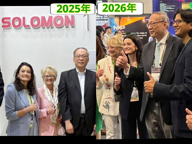 黃仁勳女兒黃敏珊妻子LORI已是連續兩年來COMPUTEX展，站台所羅門的攤位，展現母女倆與所羅門董事長陳政隆的好交情。（左圖／所羅門提供；右圖／記者王文承攝影）