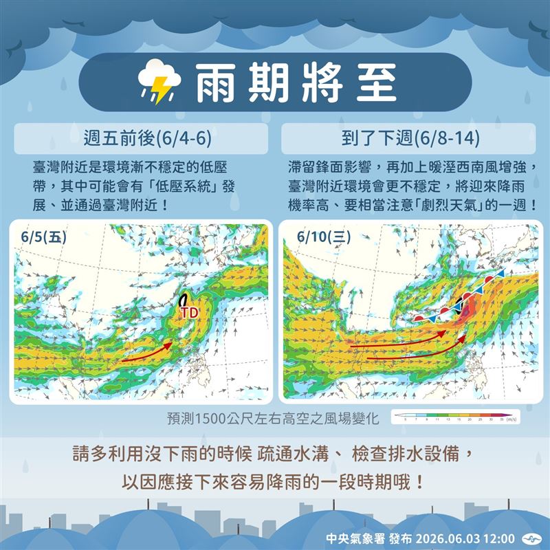 今日各地仍然是高溫炎熱的天氣，不過明日起南方來的水氣漸漸增加。（圖／翻攝自報天氣 - 中央氣象署﻿）
