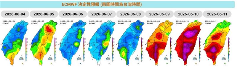 強降雨重頭戲將在6月9日開始上演好幾天，從粉專PO出的降雨預測圖可見，除了少數地區外，近全台雨量呈紅色、紫色。（圖／翻攝自觀氣象看天氣 臉書）