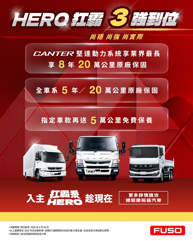 FUSO Taiwan 於 2026 年下半年推出「HERO 扛霸．三強到位｜尚強、尚穩、尚實際」專屬購車優惠。（圖／FUSO提供）