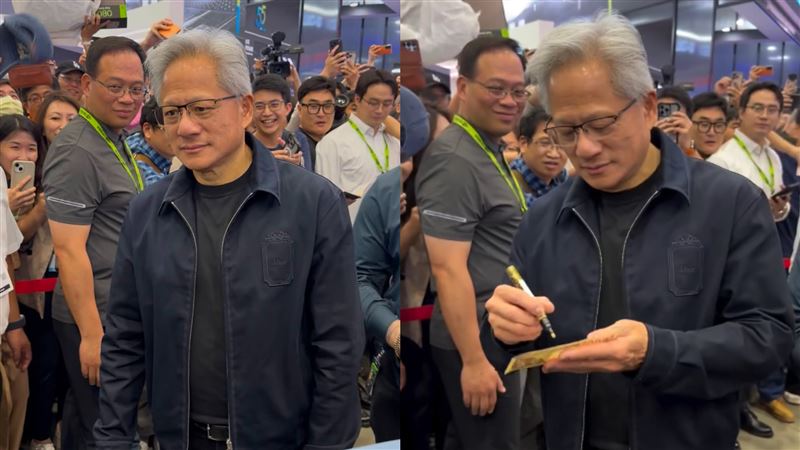 女粉絲狂塞日幣討簽名，期間還不斷喊著要簽手機、鈔票等物品，黃仁勳下秒變臉，露出無奈的表情，甚至脫口「You're too much trouble.」（圖／網友＠smallbighead_tw授權提供，未經同意請勿轉載）
