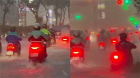 桃園豪雨市區積淹水「路面爆開」　機車雙載自摔受傷（圖／翻攝自陳雅倫 龜山達倫臉書）