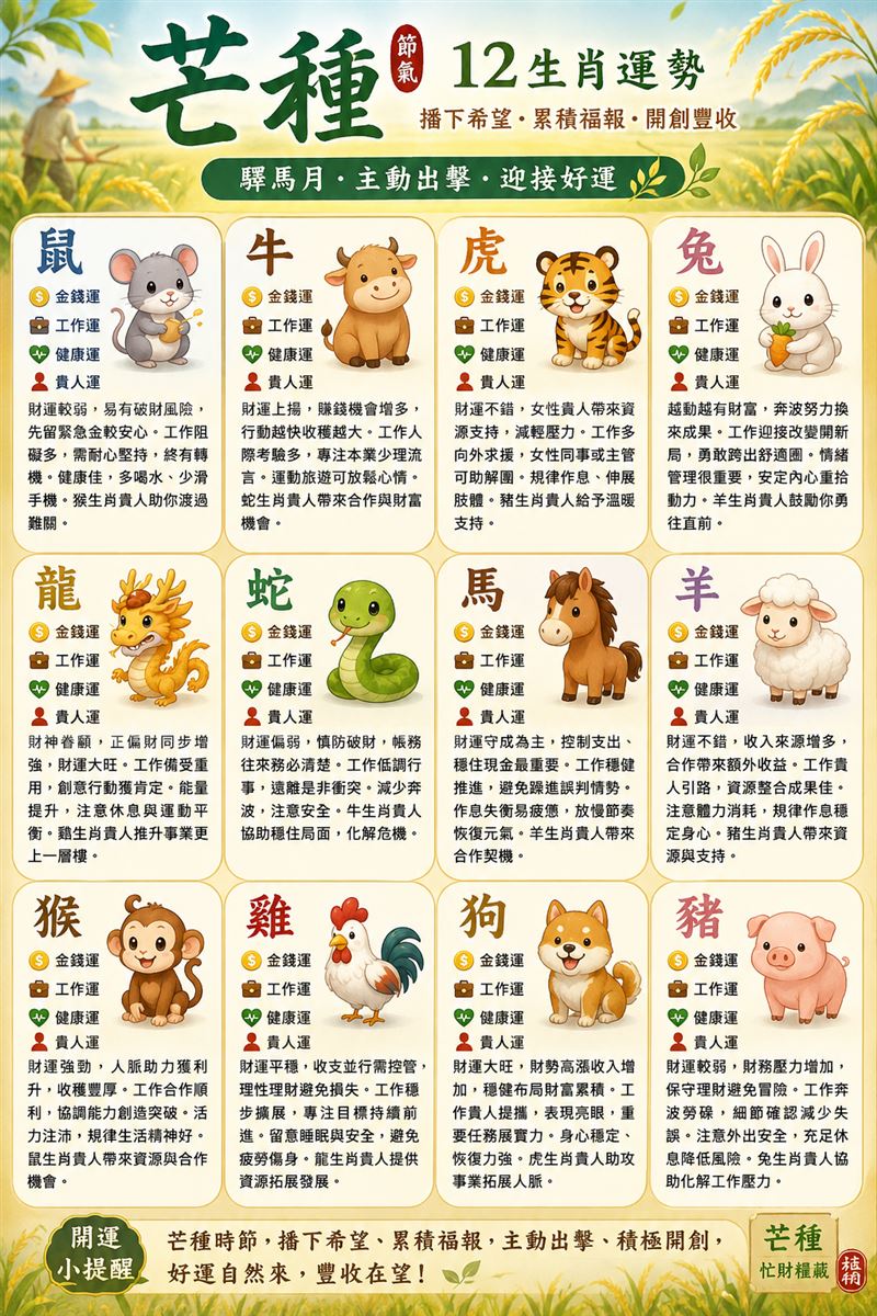 2026年6月5日農曆4月20日節氣芒種！雨揚老師曝光12生肖翻身關鍵，狗猴龍運勢前三名財運大旺。（圖／AI ChatGPT製作）