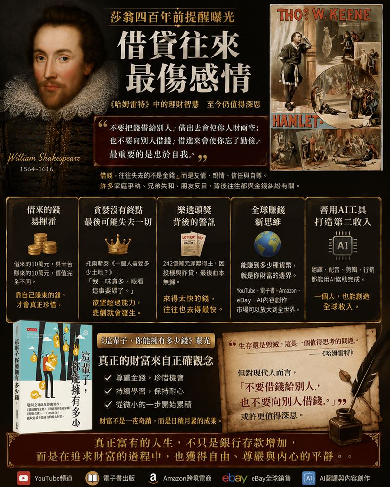 莎士比亞400年前神預言！有錢人不說的秘密曝光，「千萬不要輕易借錢給別人，也千萬不要習慣向別人借錢」。這句話點醒百萬人。（圖／翻攝自pixabay、AI ChatGPT製作）