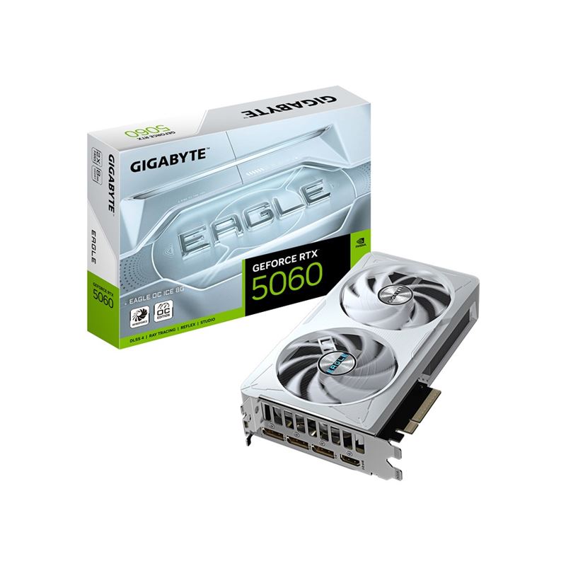 GIGABYTE GeForce RTX 5060 EAGLE OC ICE 8G顯示卡,搭配台灣大月租1,399元指定方案最低0元入手,支援高畫質遊戲、影音剪輯與AI創作需求。(圖/台灣大哥大提供)