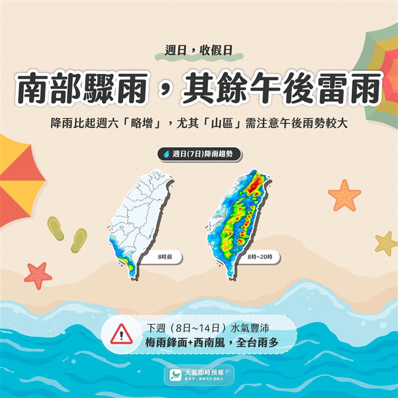 南部靠沿海平地，即刻到清晨期間預估將會有雨勢。（圖／翻攝自天氣即時預報﻿）