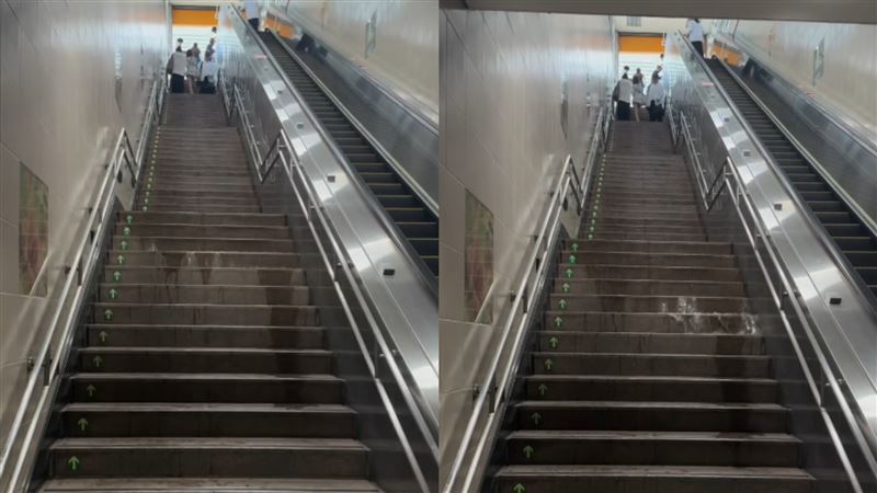 豪雨炸進輔大捷運站 樓梯秒變「瀑布」