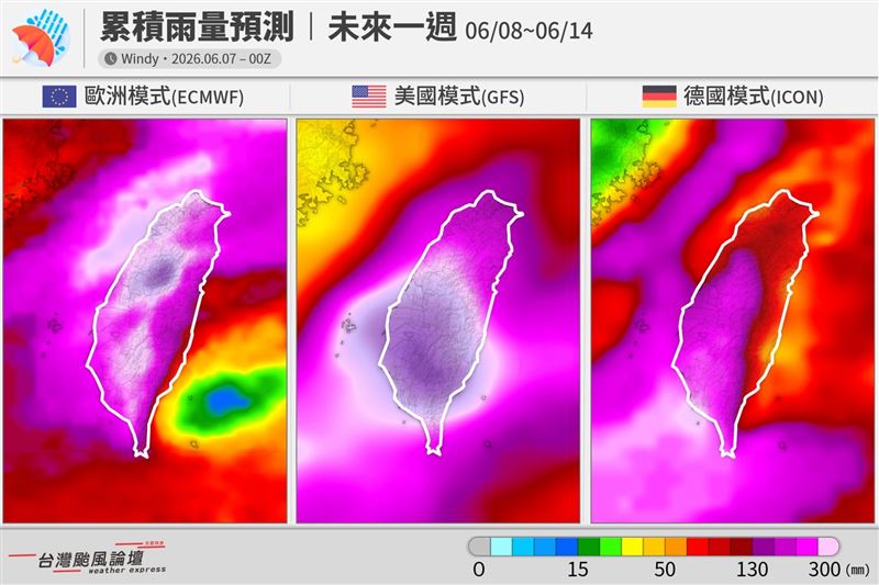 氣象粉專分享未來一週各國的「累積雨量預測」,可以看到中南部幾乎呈現一片紫白。(圖/翻攝自台灣颱風論壇|天氣特急臉書)