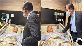 彰化縣埔鹽分駐所長陳國銘遭毒駕輾斷雙腿，仍在住院治療，市長林世賢親自前往探視。（組合圖／翻攝自林世賢臉書）