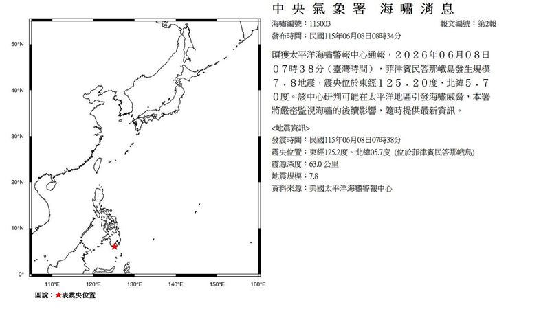 菲律賓發生強震,中央氣象署連續發布2則「海嘯消息」。(圖/中央氣象署)