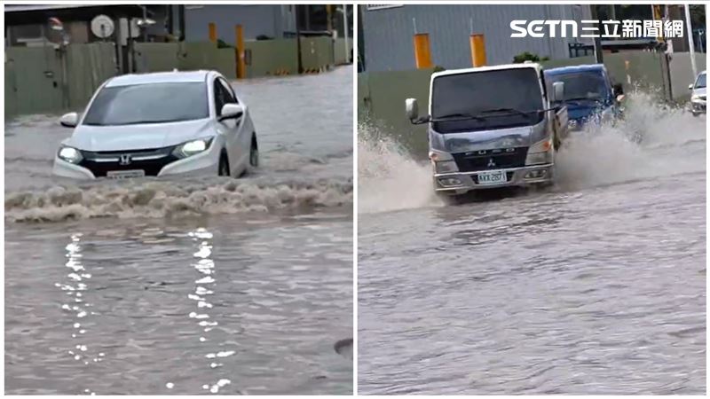高雄仁武區澄觀路一段水淹至輪胎高,附近居民表示,只要雨勢較大下半個小時就會淹水。(圖/翻攝畫面)