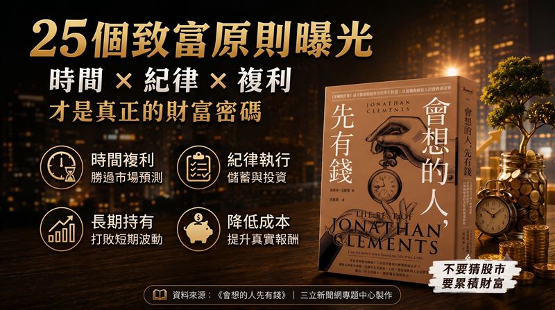 不怕股市跌!華爾街作家喬納森.克雷蒙(Jonathan Clements)曝光25個改善財務原則,第25招成本最低最簡單。(圖/遠流出版提供、AI Gemini製作)