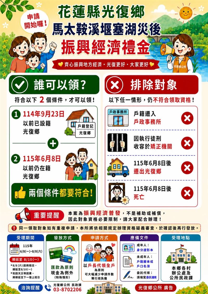 光復鄉推動鄉民普發1萬,6月8日開始受理。(圖/翻攝自光復鄉公所臉書)