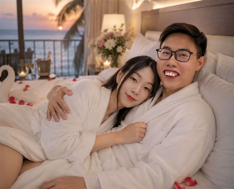 鄧佳華與簡簡身著白色浴袍,在撒滿玫瑰花瓣的奢華海景飯店大床上依偎緊貼,營造出新婚度蜜月的浪漫恩愛氛圍。(圖/翻攝自鄧佳華臉書)