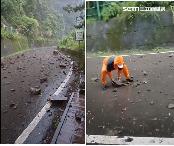 村長與族人們冒著細雨,彎下腰不斷將路面上沉重的落石一塊塊往邊坡外推、搬移。在眾人齊心協力的「徒手搶修」下,沒多久便順利清除部分碎石。(圖/翻攝臉書)