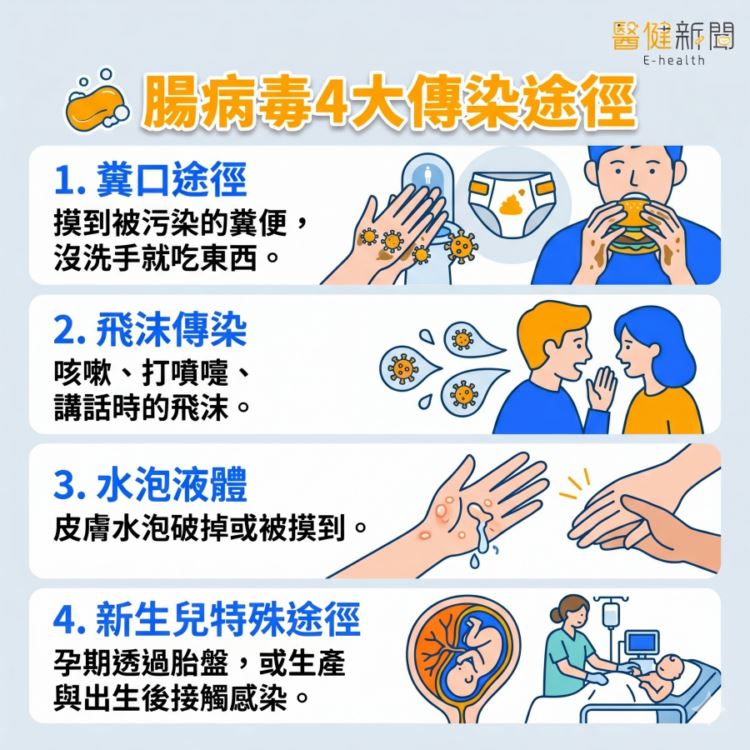 面對腸病毒來勢洶洶！腸病毒4大傳染途徑。（圖／醫健新聞網提供）