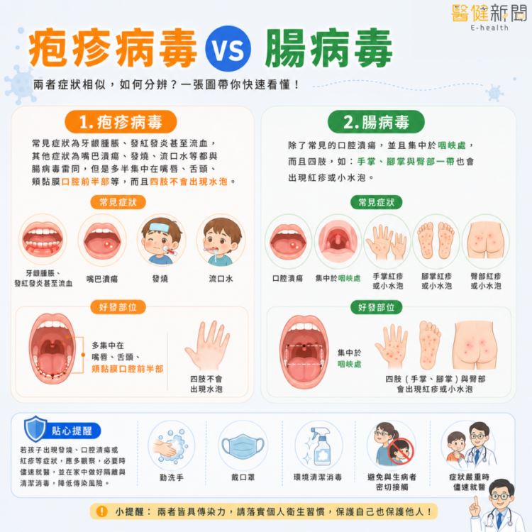 面對腸病毒來勢洶洶！疱疹病毒 VS 腸病毒。（圖／醫健新聞網提供）