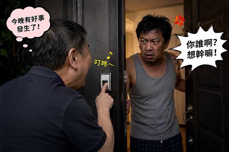 大叔迫不及待地連續按了民宅門鈴,豈料,開門的根本不是什麼美艷人妻,而是被吵醒、滿臉問號的男屋主。(示意圖/AI生成)