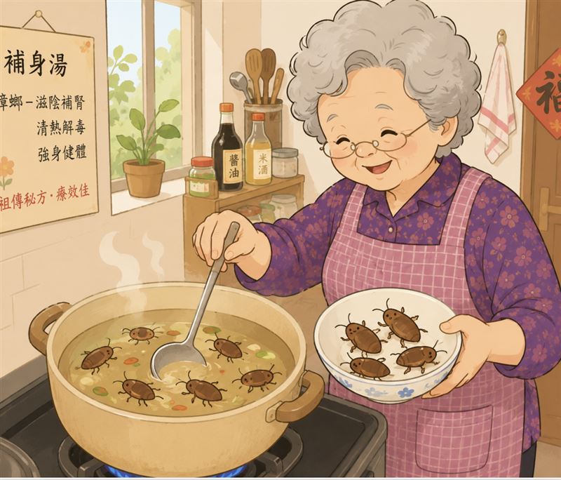 據傳統中醫藥學，蟑螂具有解毒、消水腫的功效。（圖／AI生成）