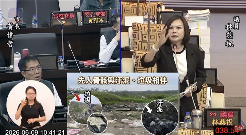林燕祝針對燒紙錢、先人遺骸當垃圾燒，向市長黃偉哲提出質疑。（圖／翻攝台南市議會YT）