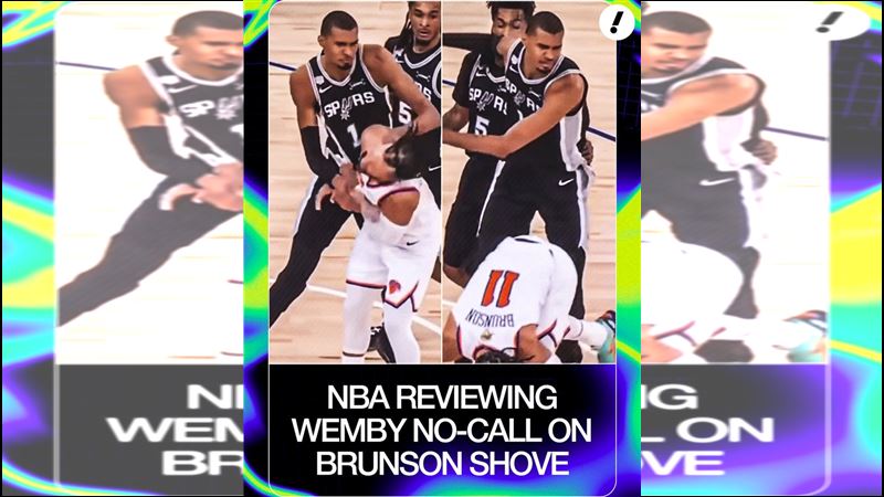 馬刺當家球星溫班亞馬(Victor Wembanyama)在首節將尼克主控布朗森(Jalen Brunson)放倒在地,現場裁判卻無吹判。(圖/翻攝自X平台 @YahooSports)