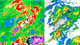 今(10日)晨4：10紅外線色調強化雲圖(左圖)顯示，鋒面雲系挾對流胞移入。4：20雷達回波合成圖(中圖)顯示，弱降水回波中有較強回波。4時累積雨量圖(右圖)顯示，各地皆有降雨，中南部較明顯。（圖／翻攝自洩天機教室）