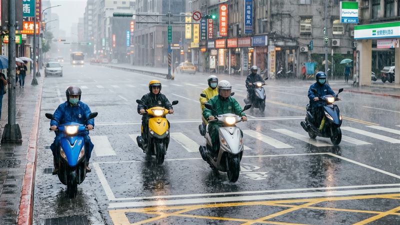 受西南氣流、梅雨滯留鋒面影響，全台各地連日下起豪大雨，讓不少通勤族感到困擾，尤其外出騎車，雖然有雨衣，但鞋子經常被雨水浸濕。（示意圖／AI生成）