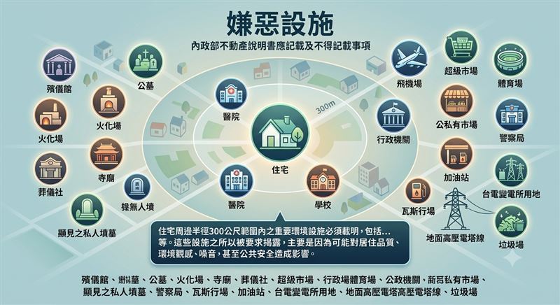 內政部不動產說明書「嫌惡設施」圖表。（圖／Gemini生成）