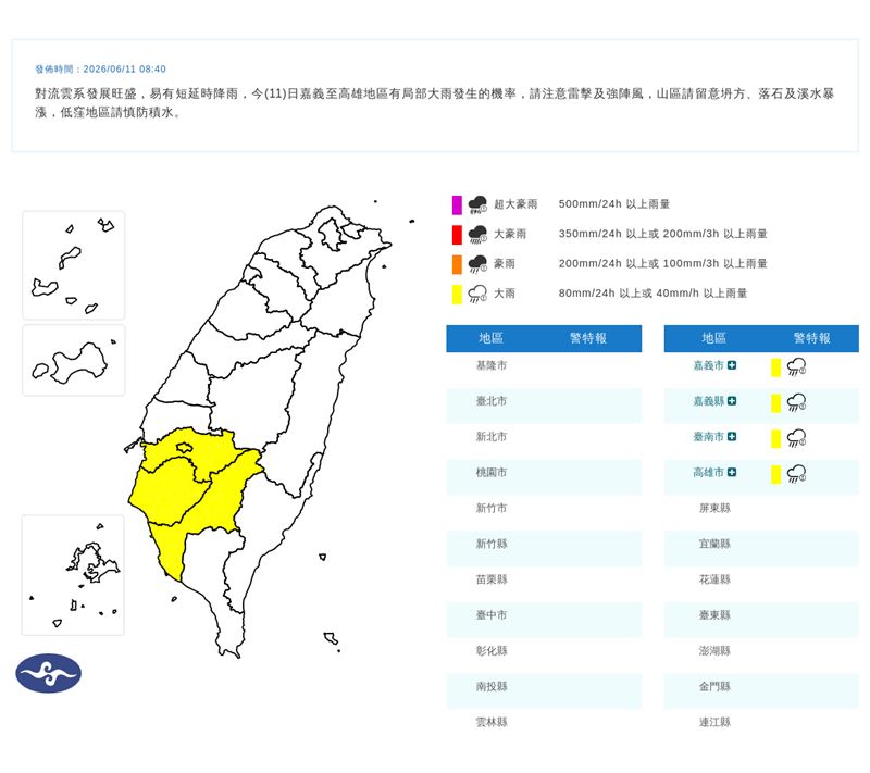 氣象署08:40發布大雨特報，對流雲系發展旺盛，易有短延時降雨。（圖／翻攝自氣象署官網）