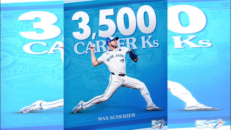多倫多藍鳥隊的3屆賽揚獎名投薛澤(Max Scherzer)成功飆出個人職業生涯第3500次三振,成為大聯盟歷史上第11位闖入「3500K俱樂部」的投手。(圖/翻攝自X平台 @BlueJays)