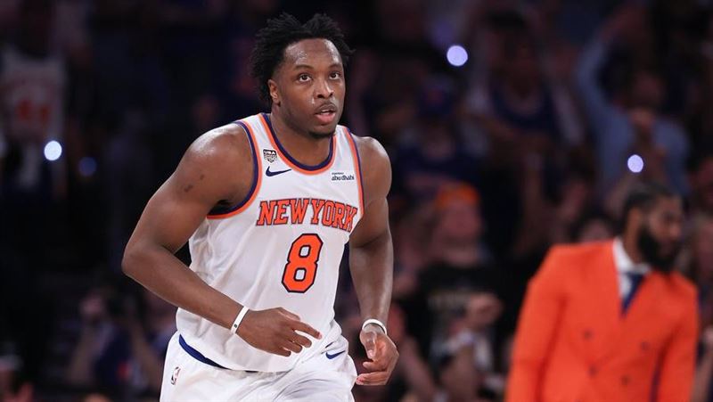 阿努諾比（OG Anunoby）終場前1.2秒的致勝點球，助隊以107：106完成NBA總冠軍賽史上最大逆轉勝。（圖／翻攝自X平台 @FanDuel）