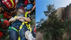 遊客懸崖下撿到手機，一抬頭驚見失主掛在崖壁樹上。遊客急忙報警，救援人員趕抵現場後隨即展開救援行動。（圖／翻攝自新京報微博）