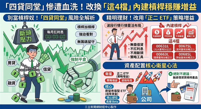 股票市場流行「四貸同堂」式的槓桿博弈，法人示警，此舉在市場震盪時極易面臨斷頭與利息壓力。法人建議投資人應摒棄借貸增槓桿的極端手段，改以自有資金為主，透過「內建槓桿」的「正二 ETF 」工具進行策略性增益，但切勿將交易型產品當作長期信仰。（AI製圖）