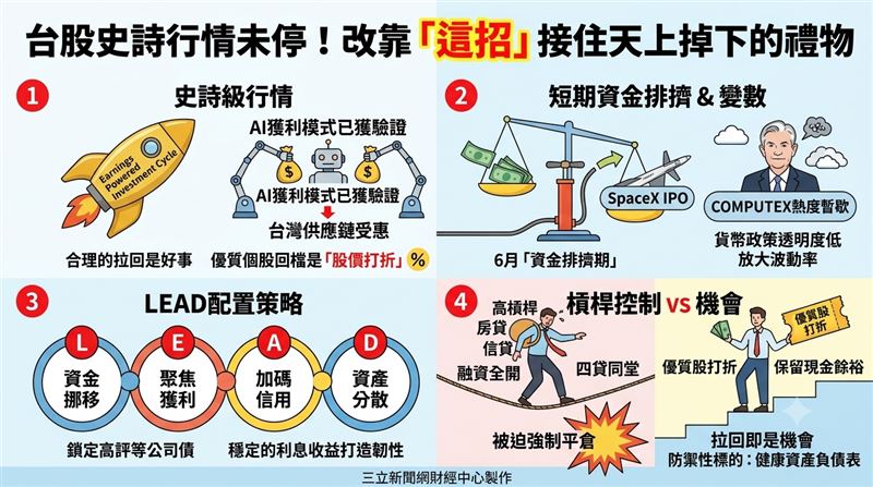 凱基投顧朱晏民定調台股為獲利驅動的「史詩級行情」，獲利成長預估高達 40%，雖受 SpaceX 等 IPO 吸金與 Fed 政策干擾，但長線多頭架構未變。法人強烈示警散戶嚴防「四貸同堂」式的過度槓桿，建議轉向現金流充裕的防禦性標的，透過紀律化配置，將震盪視為逢低買進優質供應鏈的「股價打折」契機。（AI製圖）