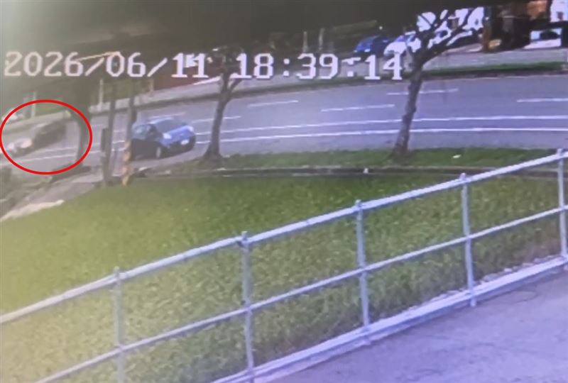 黑色轎車甩尾失控，左側車身猛力衝撞路樹後翻覆，停放在路邊的藍色轎車慘遭波及。(圖／翻攝畫面)