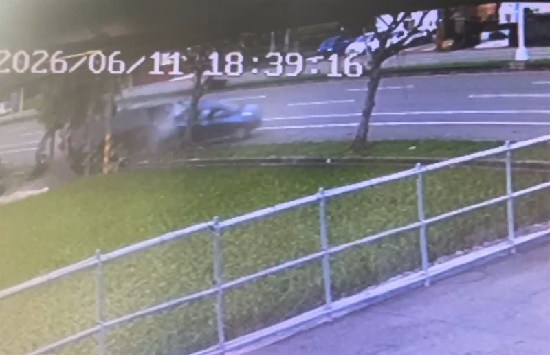 黑色轎車疑車速過快，突失控甩尾撞樹，造成車上3人2人慘死。(圖／翻攝畫面)
