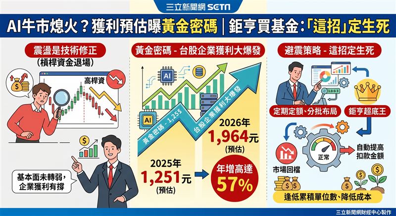 台股因降息預期與殖利率波動出現劇烈修正，鉅亨買基金定調此為高槓桿資金退場的技術性調整，非基本面惡化。隨2026年台股獲利預估年增 57%，AI 供應鏈動能強勁。專家建議投資人利用市場回調，透過定期定額或逢低加碼機制累積基金單位數，把握 AI 產業長線成長紅利。（AI製圖）