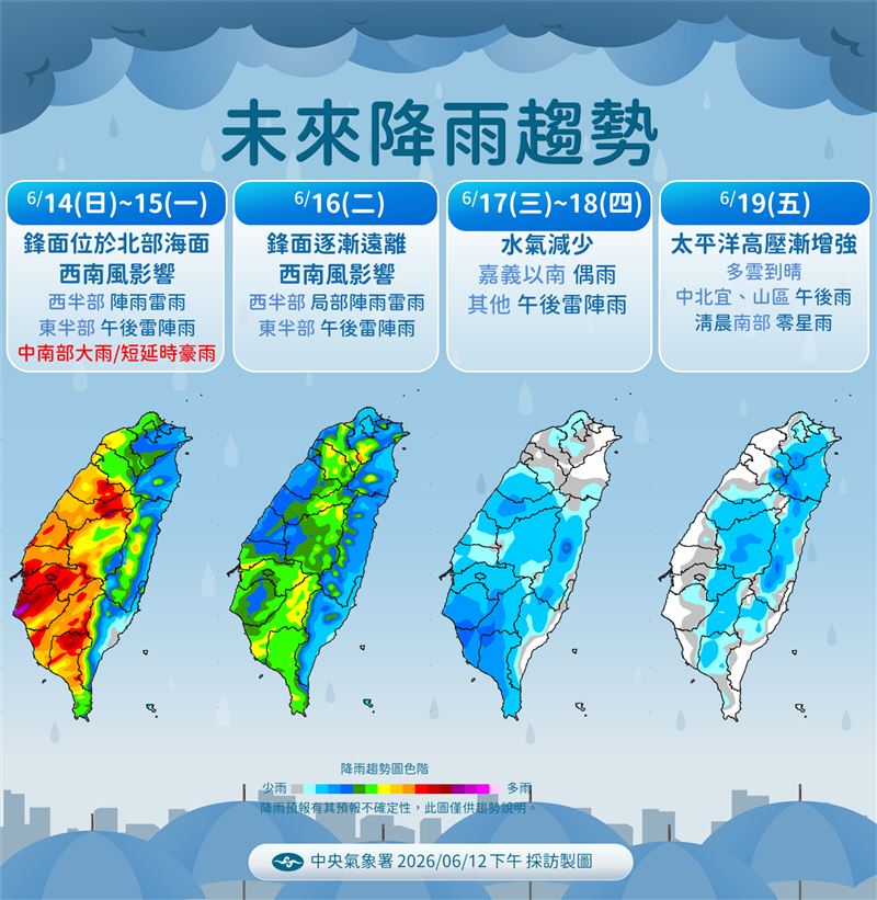 梅雨一路到下週一，下週二起天氣逐漸回穩。（圖／氣象署）
