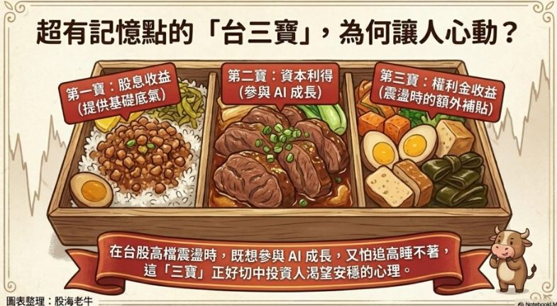 股海老牛表示，00406A 具備「台股三寶」複合式套餐特色。（圖／股海老牛授權提供）